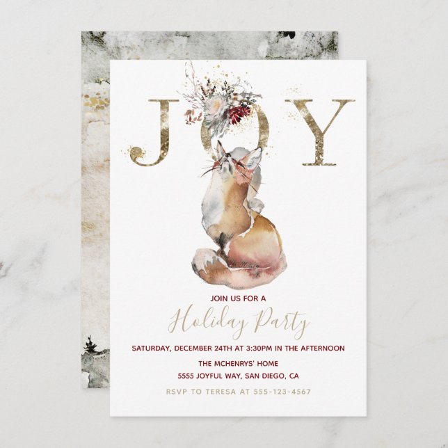 Woodland Joy Red Fox Holiday Party Einladung (Vorne/Hinten)