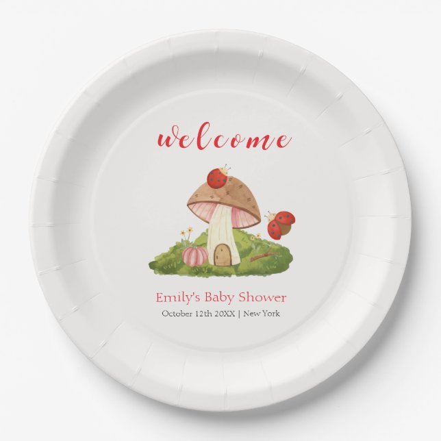Woodland Ladybug Mushroom Babydusche Willkommen Pappteller (Vorderseite)
