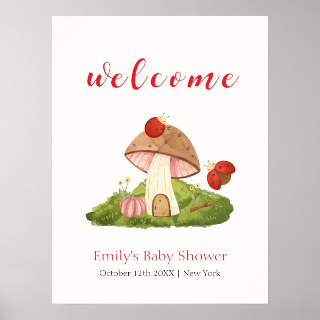 Woodland Ladybug Mushroom Babydusche Willkommen Poster (Vorne)
