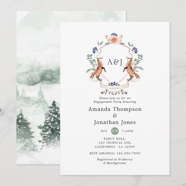 Woodland Laurel Wappen Monogram Engagement Party Einladung (Vorne/Hinten)