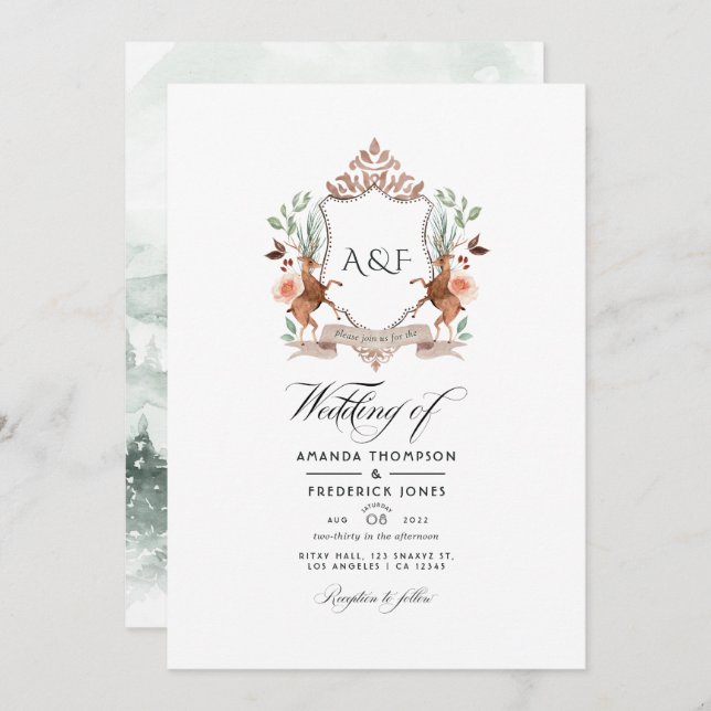 Woodland Laurel Wappen Monogram Wedding Foto Einladung (Vorne/Hinten)