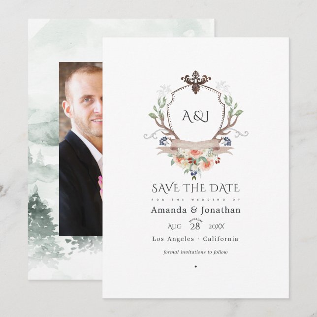 Woodland Laurel Wappen Monogram Wedding Foto Save The Date (Vorne/Hinten)