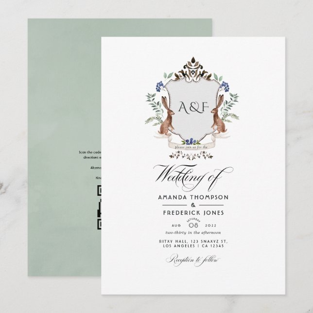 Woodland Laurel Wappen QR Code UAWG Wedding Einladung (Vorne/Hinten)
