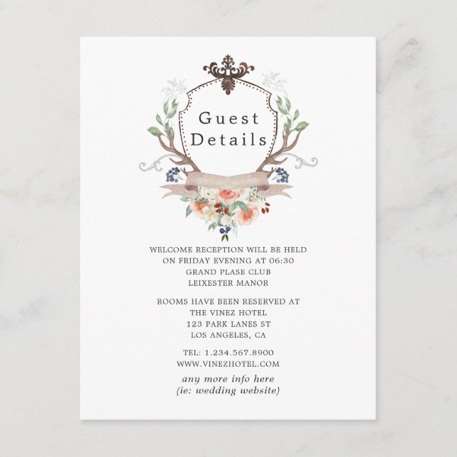 Woodland Laurel Wappen Wedding Guest Details Begleitkarte (Vorderseite)