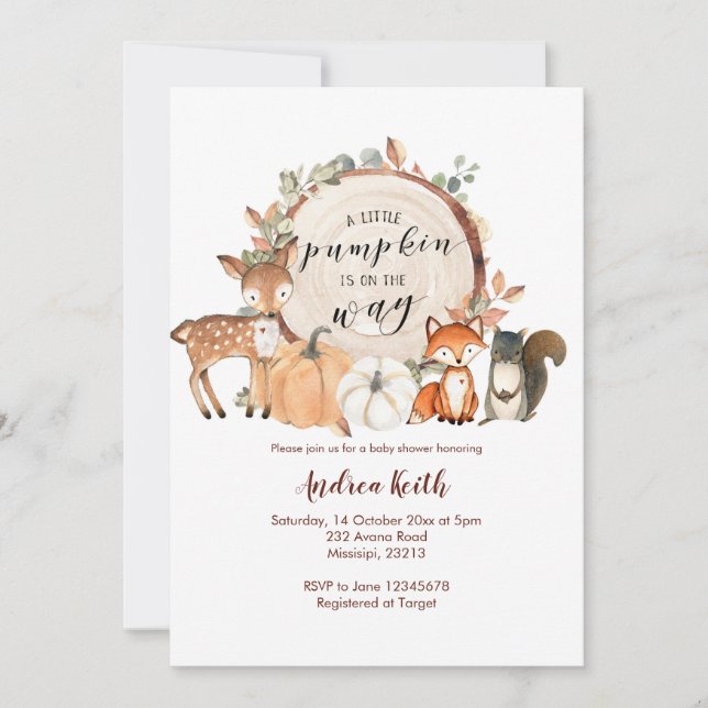 Woodland Little Pumpkin ist auf dem Weg Baby Dusch Einladung (Vorderseite)