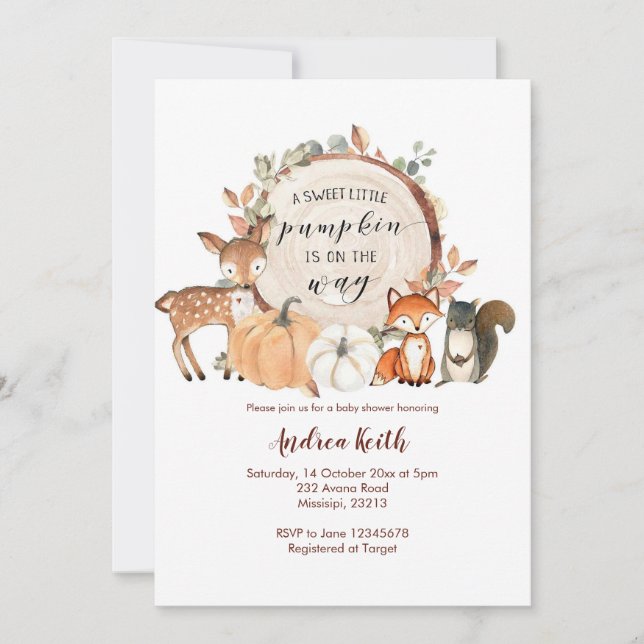 Woodland Little Pumpkin ist auf dem Weg Babydusche Einladung (Vorderseite)