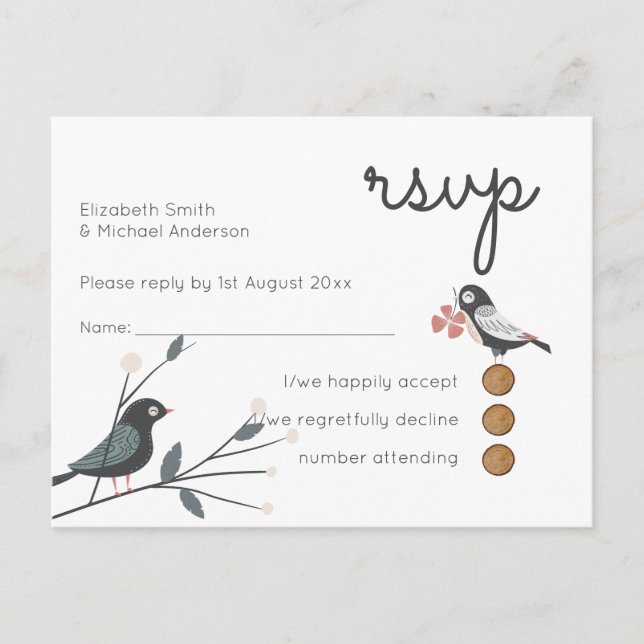 Woodland Love Birds Wedding RSVP Rückkehrbudget Einladungspostkarte (Vorderseite)
