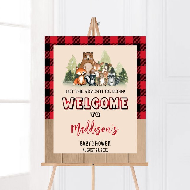 Woodland Lumberjack Baby Dusche Willkommen Poster (Plaid Lumberjack Baby Shower Welcome Sign)