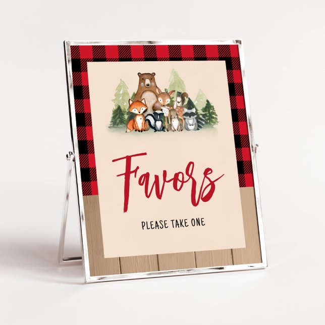 Woodland Lumberjack Baby Duwer Favoriten Poster (Plaid Lumberjack Baby Shower Favors Sign)