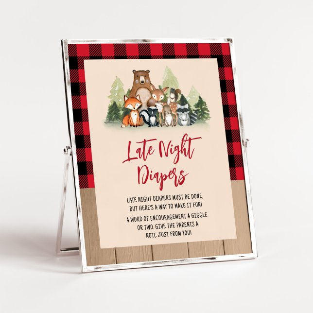 Woodland Lumberjack Babydusche Spät-Night-Diapers Poster (Plaid Lumberjack Baby Shower Late Night Diapers Sign)