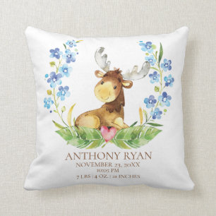Woodland Moose Baby Birth Stats Pillow Kissen