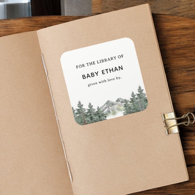 Woodland Mountain Baby Showbücherei Quadratischer Aufkleber (Von Creator hochgeladen)