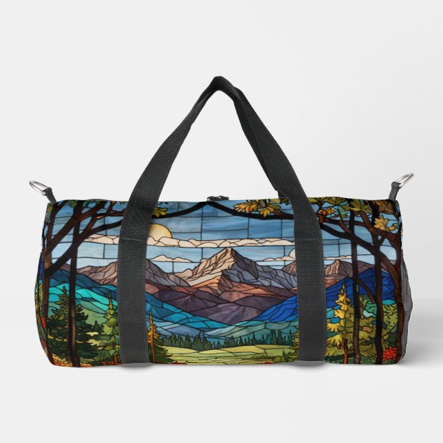 Woodland mountain scene vintage stain glass duffle bag (Vorderseite)