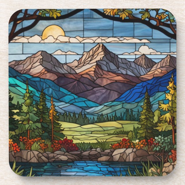 Woodland mountain scene vintage stain glass getränkeuntersetzer (Vorderseite)