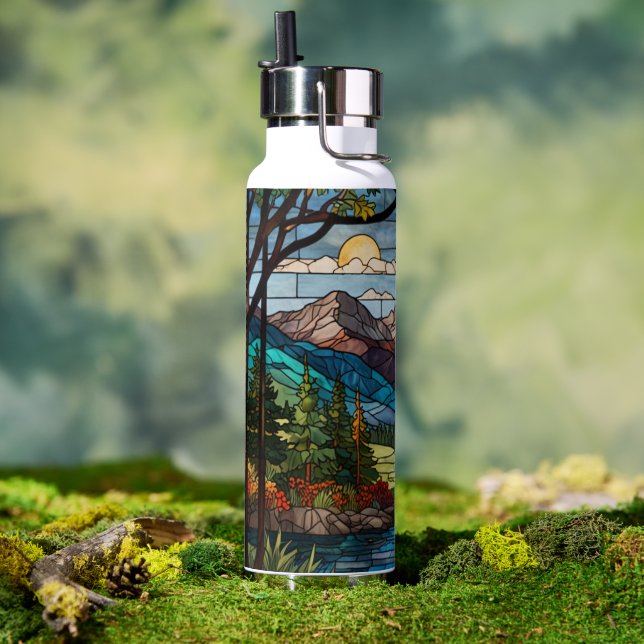 Woodland mountain scene vintage stain glass trinkflasche ( Außenbereich (gedreht))