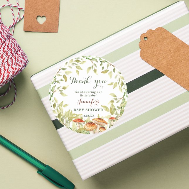 Woodland Mushroom Babydusche Danke Runder Aufkleber (Von Creator hochgeladen)