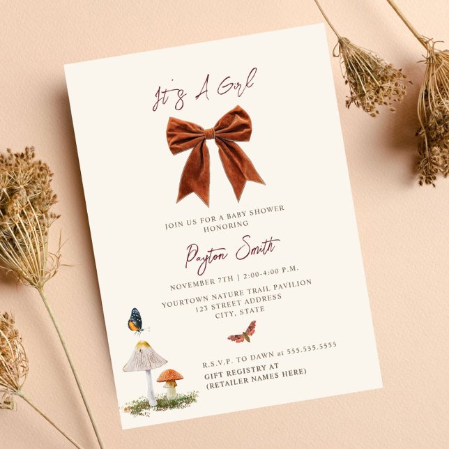 Woodland Mushroom Bow Girl Baby Dusche Einladung (Von Creator hochgeladen)