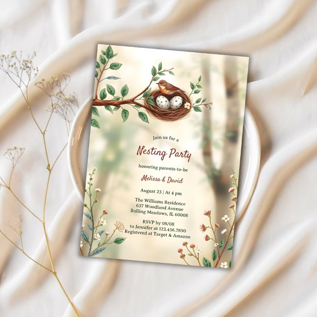 Woodland Nesting Party Rustic Bird Baby Shooter Einladung (Rustic Bird Nest Baby Shower Invitation – Woodland Nesting Party for Parents-to-Be)
