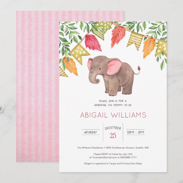 Woodland Niedlich Baby Elephant Baby Dusche Einlad Einladung (Vorne/Hinten)