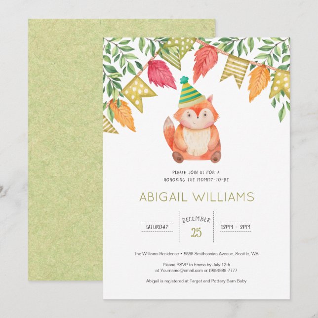 Woodland Niedlich Baby Fox Babydusche Einladung (Vorne/Hinten)