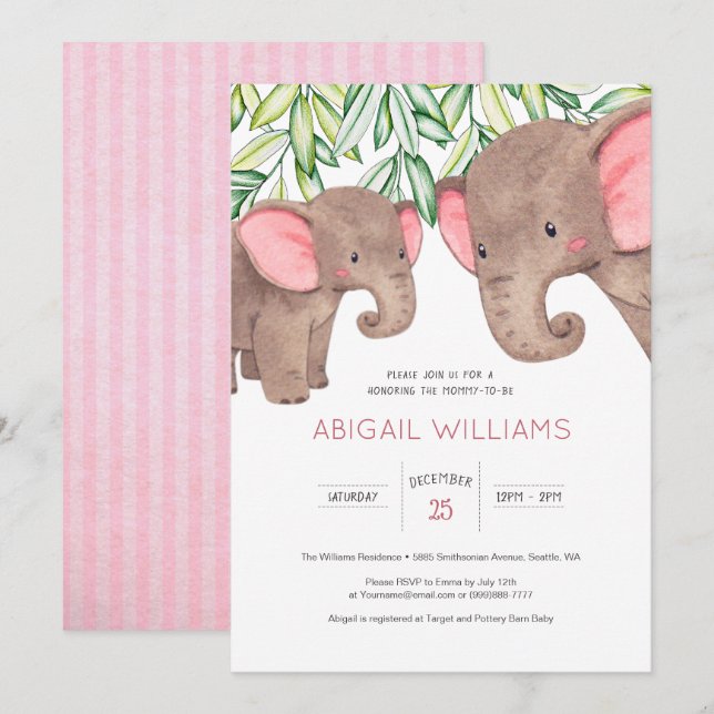 Woodland Niedlich Baby & Mother Elephant Baby Dusc Einladung (Vorne/Hinten)