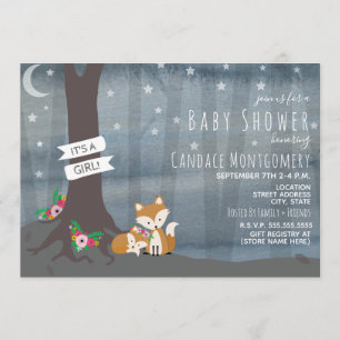 Woodland Night Fox Baby Shower - Mädchen Einladung