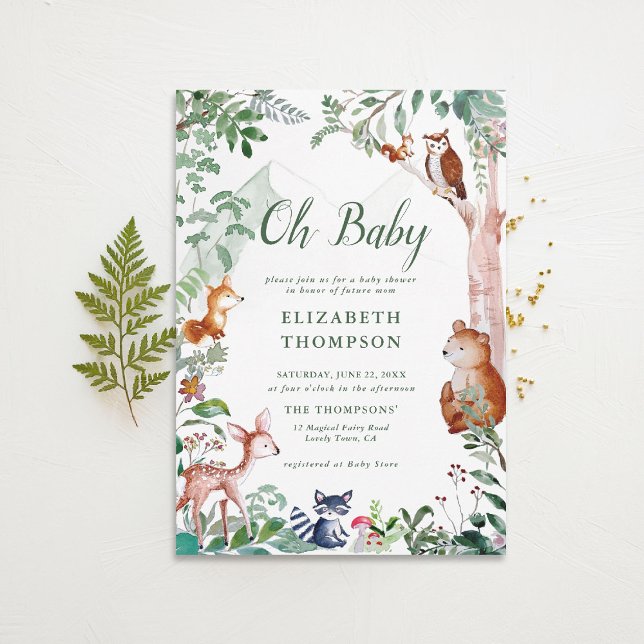 Woodland Oh Baby Enchanted Woods Niedlich Baby Dus Einladung (woodland baby shower invitation neutral enchanted forest bear fox deer magical woods fairy)