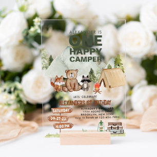 Woodland One Happy Camper Camping Kindergeburtstag Acryleinladungen