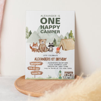 Woodland One Happy Camper Camping Kindergeburtstag Einladung