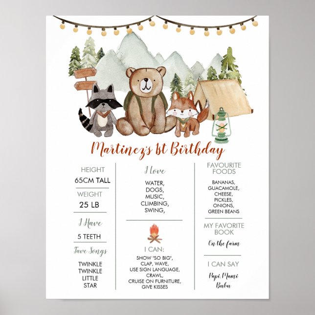 Woodland One Happy Camper Erster Geburtstag Meilen Poster (Vorne)