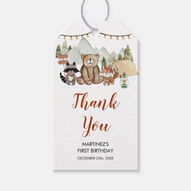 Woodland One Happy Camper Erster Geburtstag Vielen Geschenkanhänger (Vorderseite)