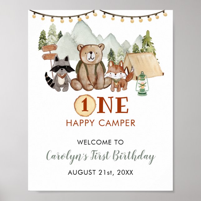 Woodland One Happy Camper Erster Geburtstag Willko Poster (Vorne)