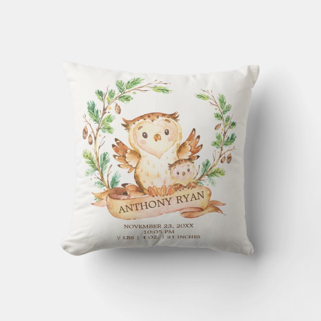 Woodland OWL Baby Birth Stats Pillow Kissen (Vorderseite)