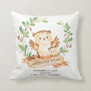 Woodland OWL Baby Birth Stats Pillow Kissen