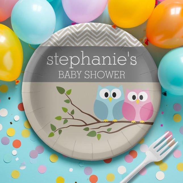 Woodland Owl Baby Boy Gender Reveale Dusche Pappteller (Personalized Baby Shower Plates - Cute Woodland Owl)