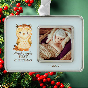 Woodland Owl Baby's 1. Weihnachts-Foto Ornament Rahmen-Ornament Silber