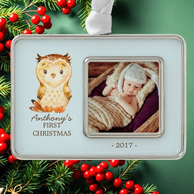 Woodland Owl Baby's 1. Weihnachts-Foto Ornament Rahmen-Ornament Silber (Von Creator hochgeladen)
