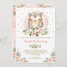 Woodland Owl Pink Gold Floral Girl Babydusche Einladung