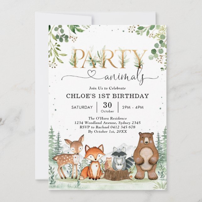 Woodland Party Animals Boy Birthday Invitation Einladung (Vorderseite)