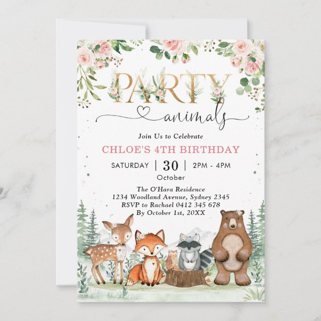 Woodland Party Animals Girl Birthday Invitation Einladung (Vorderseite)