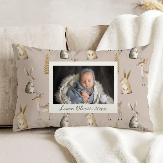Woodland Pattern Beige Gray Custom Photo Nursery Dekokissen (Von Creator hochgeladen)
