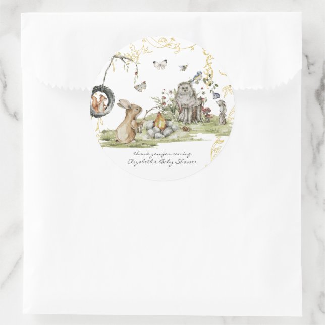 Woodland Picnic | Baby - Dusche für Waldtiere Runder Aufkleber (Tasche)