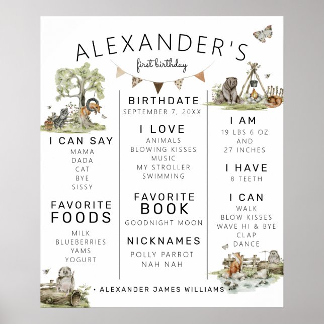 Woodland Picnic | Wald 1. Geburtstag Meilenstein Poster (Vorne)