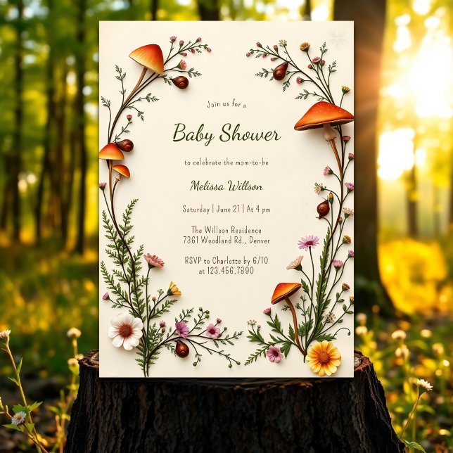 Woodland Pilz Rustic Boho Babydusche Einladung (Woodland Mushroom Rustic Boho Baby Shower Invitation)