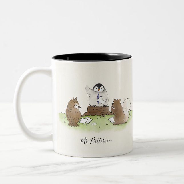 Woodland Pinguin Lehrerschule Personalisiert Name Zweifarbige Tasse (Links)