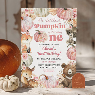 Woodland Pink Boho Pumpkin Girl 1. Geburtstag Einladung