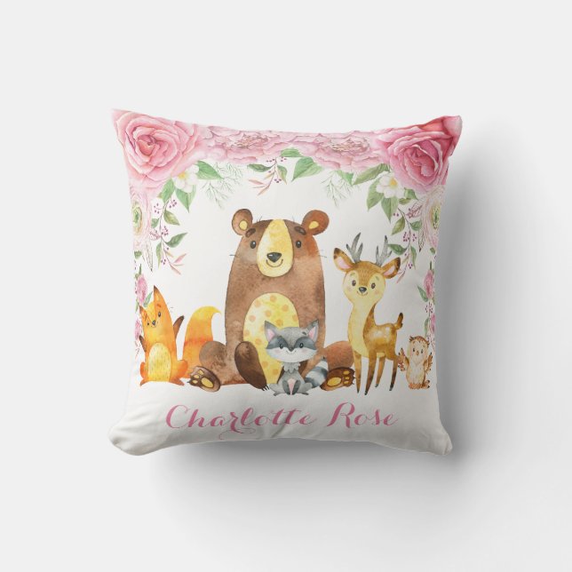 Woodland Pink Floral Rose Baby Girl Kinderzimmer D Kissen (Vorderseite)