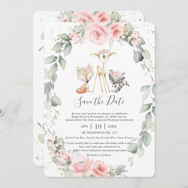 Woodland Pink Floral Save the Date Baby Naming Einladung (Vorne/Hinten)