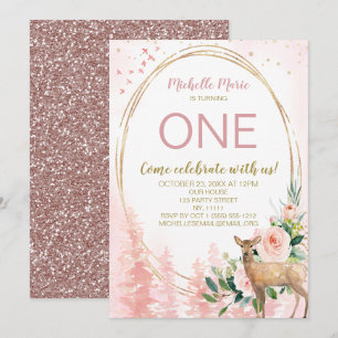 Woodland Pink Gold Floral Erster Geburtstag Einladung