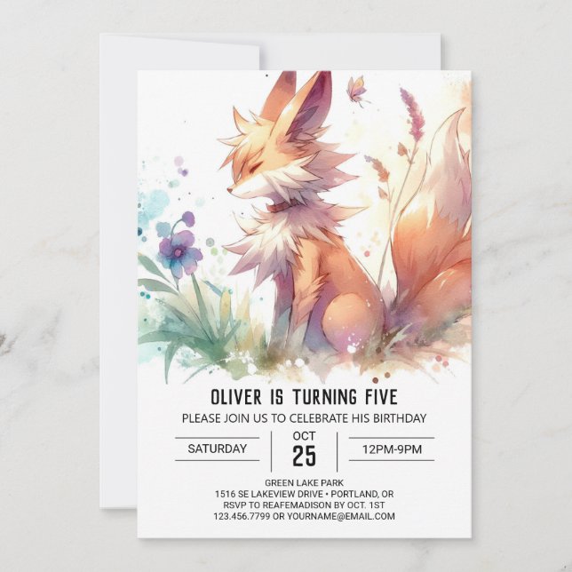 Woodland Printable Fox Birthday Einladung (Vorderseite)